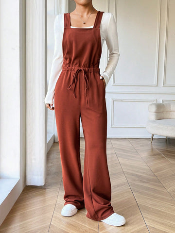 Women's Plain Color Waist Tied Pocket Casual Jumpsuit With Straps Women's Plain Color Waist Tied Pocket Casual Jumpsuit With Straps