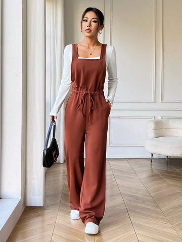Women's Plain Color Waist Tied Pocket Casual Jumpsuit With Straps Women's Plain Color Waist Tied Pocket Casual Jumpsuit With Straps
