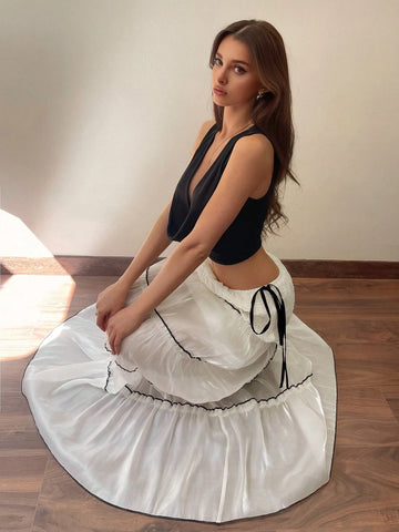 EZwear Women's Pleated Side Tie Waist Elegant Skirt EZwear Women's Pleated Side Tie Waist Elegant Skirt