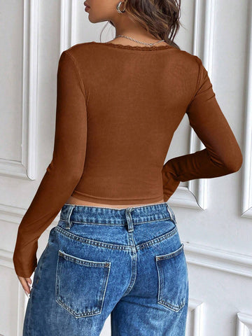 Women's Solid Color Contrast Lace Bow Decor Long Sleeve Fitted T-Shirt, Autumn Women's Solid Color Contrast Lace Bow Decor Long Sleeve Fitted T-Shirt, Autumn