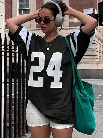 Women's Solid Color Patchwork Crew Neck Short Sleeve Numeric Print Casual Top Women's Solid Color Patchwork Crew Neck Short Sleeve Numeric Print Casual Top