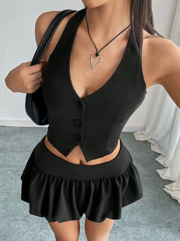 Women's Solid Color Single-Breasted Halter Tie Vest And Pleated Midi Skirt Casual Suit Women's Solid Color Single-Breasted Halter Tie Vest And Pleated Midi Skirt Casual Suit