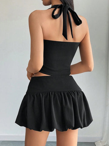 Women's Solid Color Single-Breasted Halter Tie Vest And Pleated Midi Skirt Casual Suit Women's Solid Color Single-Breasted Halter Tie Vest And Pleated Midi Skirt Casual Suit