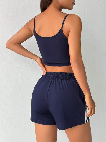 Women's Spaghetti Strap Short Striped Camisole And Shorts Set, Summer Women's Spaghetti Strap Short Striped Camisole And Shorts Set, Summer