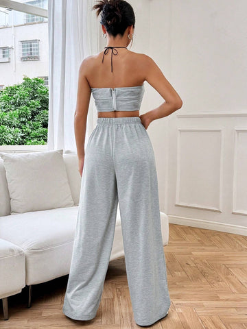 Women's Stylish Casual Fold-Over Bandeau Top And Wide Leg Pants Set Women's Stylish Casual Fold-Over Bandeau Top And Wide Leg Pants Set