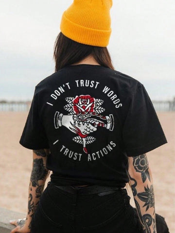 Women's Summer Casual Short Sleeve T-Shirt With Slogan And Floral Print I DON'T TRUST WORDS Women's Summer Casual Short Sleeve T-Shirt With Slogan And Floral Print I DON'T TRUST WORDS