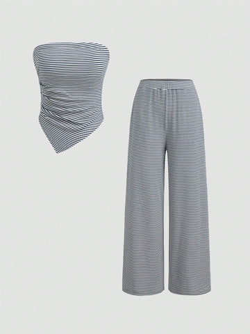 Women's Summer Casual Striped Asymmetrical Hem Bandeau Top And Long Pants Set Women's Summer Casual Striped Asymmetrical Hem Bandeau Top And Long Pants Set
