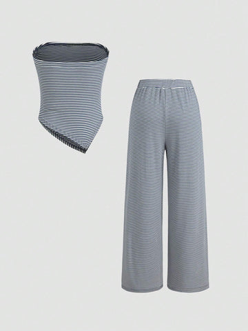 Women's Summer Casual Striped Asymmetrical Hem Bandeau Top And Long Pants Set Women's Summer Casual Striped Asymmetrical Hem Bandeau Top And Long Pants Set