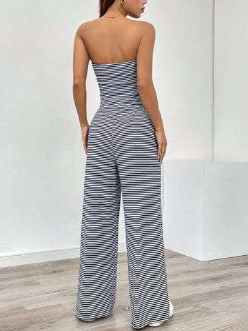 Women's Summer Casual Striped Asymmetrical Hem Bandeau Top And Long Pants Set Women's Summer Casual Striped Asymmetrical Hem Bandeau Top And Long Pants Set