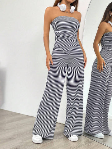 Women's Summer Casual Striped Asymmetrical Hem Bandeau Top And Long Pants Set Women's Summer Casual Striped Asymmetrical Hem Bandeau Top And Long Pants Set