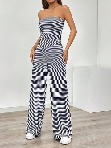 Women's Summer Casual Striped Asymmetrical Hem Bandeau Top And Long Pants Set Women's Summer Casual Striped Asymmetrical Hem Bandeau Top And Long Pants Set