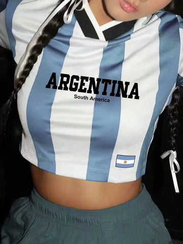 Women's Summer Short Sleeve Casual T-Shirt With Letter And Stripe Print, V-Neck Women's Summer Short Sleeve Casual T-Shirt With Letter And Stripe Print, V-Neck