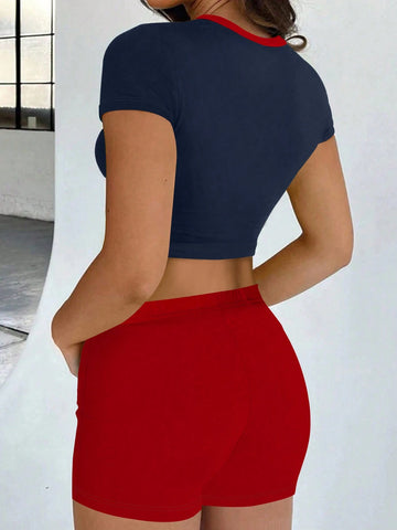 Women's Summer Slim Fit 2pcs Letter Print Short Sleeve Crop Top And Shorts Set Women's Summer Slim Fit 2pcs Letter Print Short Sleeve Crop Top And Shorts Set