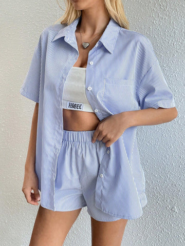 Women's Summer Stripe Drop-Shoulder Shirt And Shorts Casual 2pcs/Set Women's Summer Stripe Drop-Shoulder Shirt And Shorts Casual 2pcs/Set