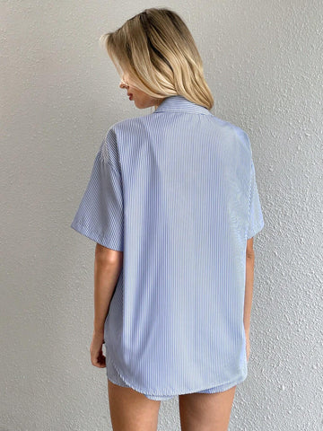 Women's Summer Stripe Drop-Shoulder Shirt And Shorts Casual 2pcs/Set Women's Summer Stripe Drop-Shoulder Shirt And Shorts Casual 2pcs/Set