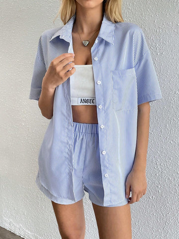 Women's Summer Stripe Drop-Shoulder Shirt And Shorts Casual 2pcs/Set Women's Summer Stripe Drop-Shoulder Shirt And Shorts Casual 2pcs/Set