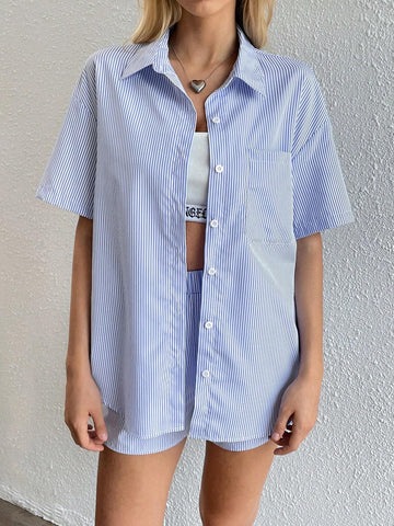 Women's Summer Stripe Drop-Shoulder Shirt And Shorts Casual 2pcs/Set Women's Summer Stripe Drop-Shoulder Shirt And Shorts Casual 2pcs/Set