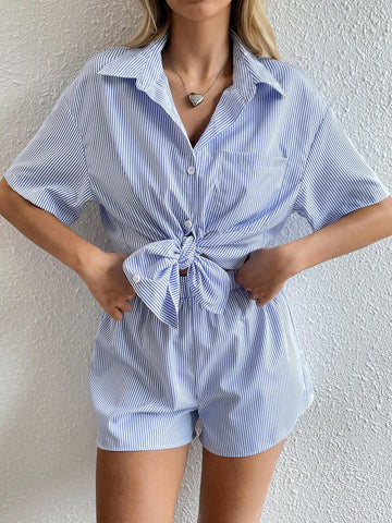Women's Summer Stripe Drop-Shoulder Shirt And Shorts Casual 2pcs/Set Women's Summer Stripe Drop-Shoulder Shirt And Shorts Casual 2pcs/Set