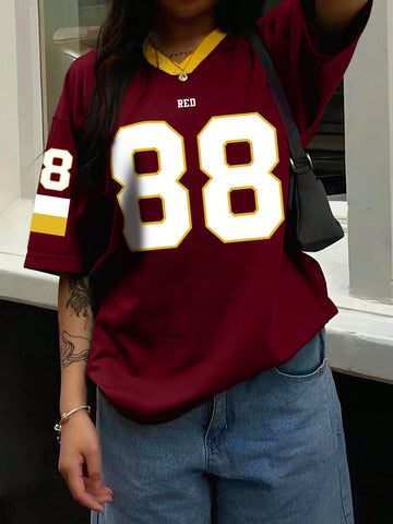 Women's V-Neck Letter & Number Print Color-Block Short Sleeve Loose T-Shirt, Summer Jersey Women's V-Neck Letter & Number Print Color-Block Short Sleeve Loose T-Shirt, Summer Jersey