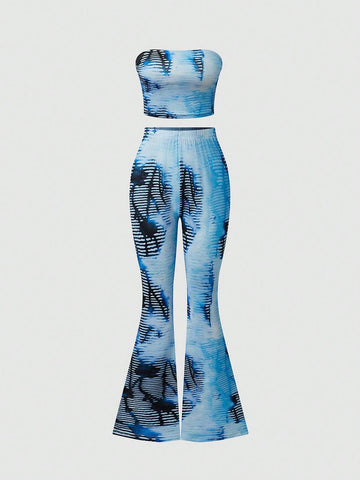 Y2K Tie Dye Printed Strapless Crop Top And Flared Pants Set For Women Y2K Tie Dye Printed Strapless Crop Top And Flared Pants Set For Women