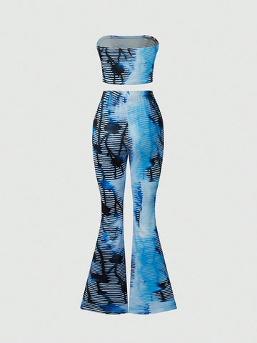 Y2K Tie Dye Printed Strapless Crop Top And Flared Pants Set For Women Y2K Tie Dye Printed Strapless Crop Top And Flared Pants Set For Women
