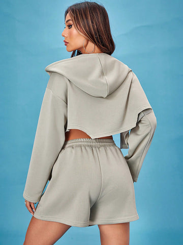 Zip Up Drop Shoulder Drawstring Hoodie & Shorts Zip Up Drop Shoulder Drawstring Hoodie & Shorts