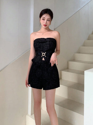 Chinese Style Jacquard Texture Strapless Crop Top And Shorts Set With Delicate Waistband Belt For Women'S Party Outfit Chinese Style Jacquard Texture Strapless Crop Top And Shorts Set With Delicate Waistband Belt For Women'S Party Outfit