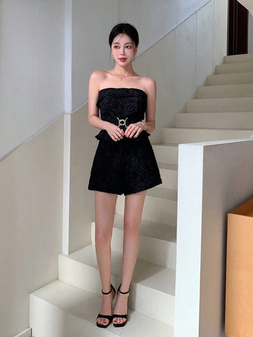 Chinese Style Jacquard Texture Strapless Crop Top And Shorts Set With Delicate Waistband Belt For Women'S Party Outfit Chinese Style Jacquard Texture Strapless Crop Top And Shorts Set With Delicate Waistband Belt For Women'S Party Outfit