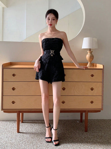 Chinese Style Jacquard Texture Strapless Crop Top And Shorts Set With Delicate Waistband Belt For Women'S Party Outfit Chinese Style Jacquard Texture Strapless Crop Top And Shorts Set With Delicate Waistband Belt For Women'S Party Outfit