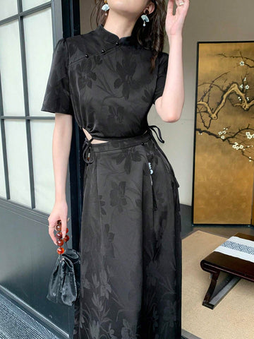 Women's Traditional Chinese Style Jacquard Side Knot Improved Outfit Women's Traditional Chinese Style Jacquard Side Knot Improved Outfit