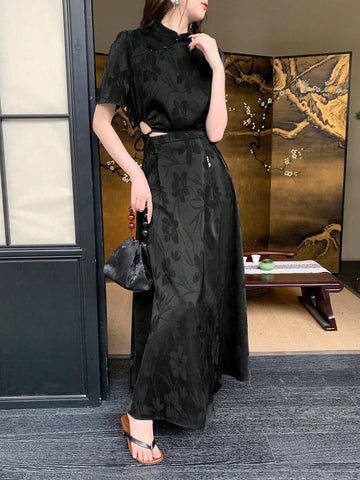 Women's Traditional Chinese Style Jacquard Side Knot Improved Outfit Women's Traditional Chinese Style Jacquard Side Knot Improved Outfit