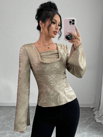 1pc Long Sleeve Shirt With Front Short & Back Long Silhouette, V-Neck, Gathered Design, Metallic Fabric, Suitable For Spring, Autumn & Winter 1pc Long Sleeve Shirt With Front Short & Back Long Silhouette, V-Neck, Gathered Design, Metallic Fabric, Suitable For Spring, Autumn & Winter