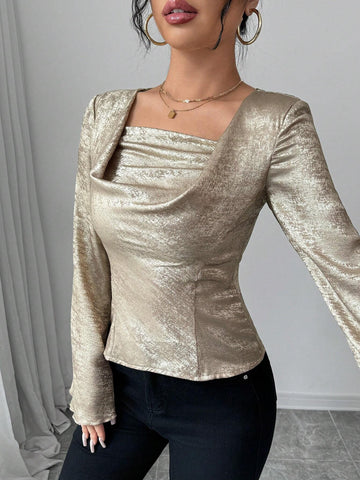 1pc Long Sleeve Shirt With Front Short & Back Long Silhouette, V-Neck, Gathered Design, Metallic Fabric, Suitable For Spring, Autumn & Winter 1pc Long Sleeve Shirt With Front Short & Back Long Silhouette, V-Neck, Gathered Design, Metallic Fabric, Suitable For Spring, Autumn & Winter