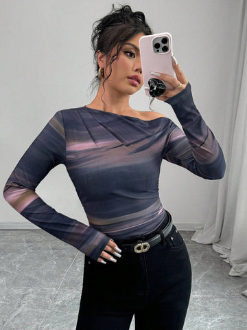 1pc Women's 2024 New Brown Ombre Watercolor Blurred Gradient Print All-Match Slim Fit Oblique Shoulder Exposed Shoulder Long Sleeve High Stretch Knit Fabric Elegant Sexy Bodysuit, Autumn/Winter 1pc Women's 2024 New Brown Ombre Watercolor Blurred Gradient Print All-Match Slim Fit Oblique Shoulder Exposed Shoulder Long Sleeve High Stretch Knit Fabric Elegant Sexy Bodysuit, Autumn/Winter