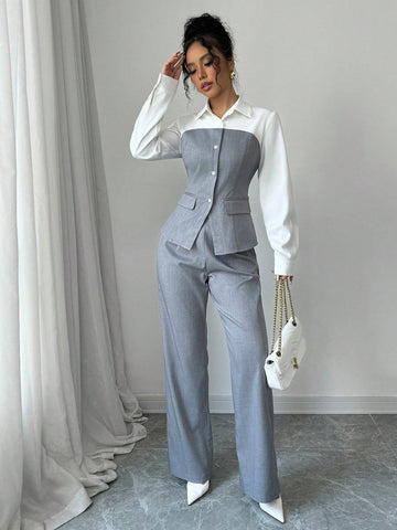 2pcs Professional Women Patchwork Long Sleeve Top And Pant Set, Suitable For Spring And Autumn 2pcs Professional Women Patchwork Long Sleeve Top And Pant Set, Suitable For Spring And Autumn