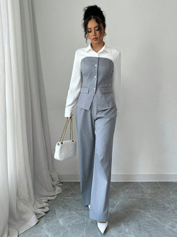 2pcs Professional Women Patchwork Long Sleeve Top And Pant Set, Suitable For Spring And Autumn 2pcs Professional Women Patchwork Long Sleeve Top And Pant Set, Suitable For Spring And Autumn