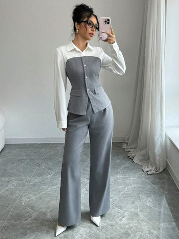 2pcs Professional Women Patchwork Long Sleeve Top And Pant Set, Suitable For Spring And Autumn 2pcs Professional Women Patchwork Long Sleeve Top And Pant Set, Suitable For Spring And Autumn
