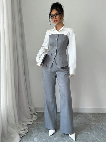 2pcs Professional Women Patchwork Long Sleeve Top And Pant Set, Suitable For Spring And Autumn 2pcs Professional Women Patchwork Long Sleeve Top And Pant Set, Suitable For Spring And Autumn