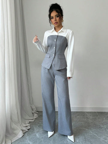 2pcs Professional Women Patchwork Long Sleeve Top And Pant Set, Suitable For Spring And Autumn 2pcs Professional Women Patchwork Long Sleeve Top And Pant Set, Suitable For Spring And Autumn