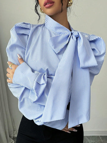 Bow Tie Accent Gigot Sleeve Striped Casual Shirt Bow Tie Accent Gigot Sleeve Striped Casual Shirt
