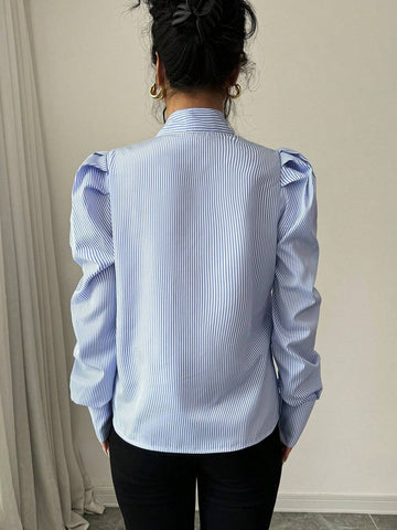 Bow Tie Accent Gigot Sleeve Striped Casual Shirt Bow Tie Accent Gigot Sleeve Striped Casual Shirt