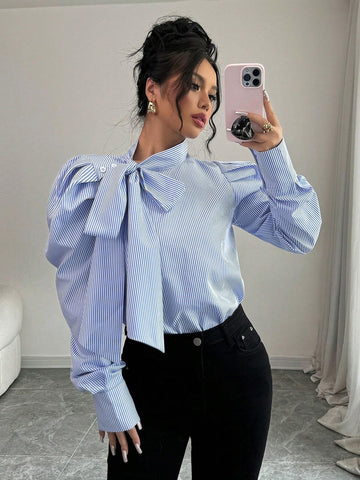 Bow Tie Accent Gigot Sleeve Striped Casual Shirt Bow Tie Accent Gigot Sleeve Striped Casual Shirt