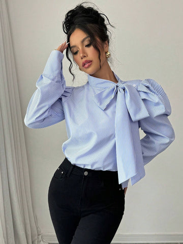 Bow Tie Accent Gigot Sleeve Striped Casual Shirt Bow Tie Accent Gigot Sleeve Striped Casual Shirt