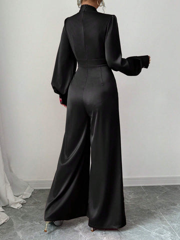 Women Elegant Satin Long Sleeve Wide Leg Jumpsuit With Bow-Tie Design, Spring & Autumn Women Elegant Satin Long Sleeve Wide Leg Jumpsuit With Bow-Tie Design, Spring & Autumn