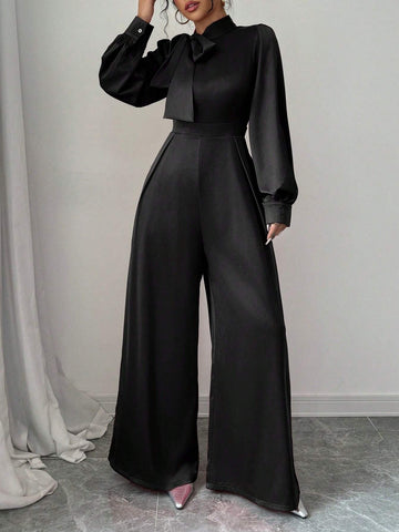 Women Elegant Satin Long Sleeve Wide Leg Jumpsuit With Bow-Tie Design, Spring & Autumn Women Elegant Satin Long Sleeve Wide Leg Jumpsuit With Bow-Tie Design, Spring & Autumn