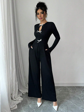 Women's Autumn/Winter Fashion Elegant Casual Jumpsuit, Round Neck, Long Sleeves, Waisted Wide Leg Pants, Pockets, Front Slit, Contrast Color Bow Tie Decor Women's Autumn/Winter Fashion Elegant Casual Jumpsuit, Round Neck, Long Sleeves, Waisted Wide Leg Pants, Pockets, Front Slit, Contrast Color Bow Tie Decor