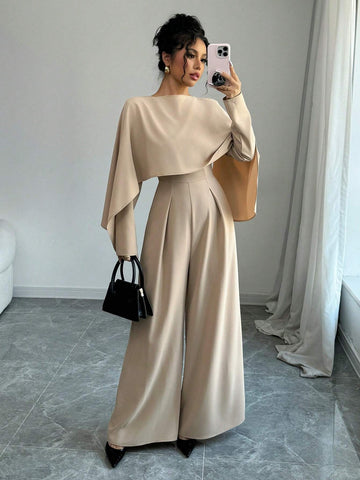 Women's Elegant Stylish Long Sleeve Colllarless Ruched Waist Wide Leg Jumpsuit Women's Elegant Stylish Long Sleeve Colllarless Ruched Waist Wide Leg Jumpsuit