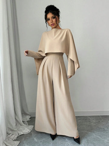 Women's Elegant Stylish Long Sleeve Colllarless Ruched Waist Wide Leg Jumpsuit Women's Elegant Stylish Long Sleeve Colllarless Ruched Waist Wide Leg Jumpsuit