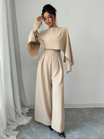 Women's Elegant Stylish Long Sleeve Colllarless Ruched Waist Wide Leg Jumpsuit Women's Elegant Stylish Long Sleeve Colllarless Ruched Waist Wide Leg Jumpsuit