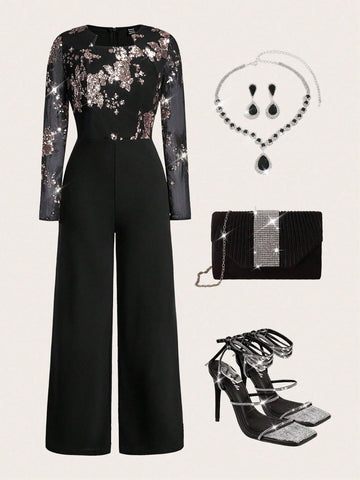 Women's Elegant Party Jumpsuit, Black & Gold Sequin Patchwork Long Sleeve Skinny Fit New Arrival, Suitable For Autumn/Winter Women's Elegant Party Jumpsuit, Black & Gold Sequin Patchwork Long Sleeve Skinny Fit New Arrival, Suitable For Autumn/Winter